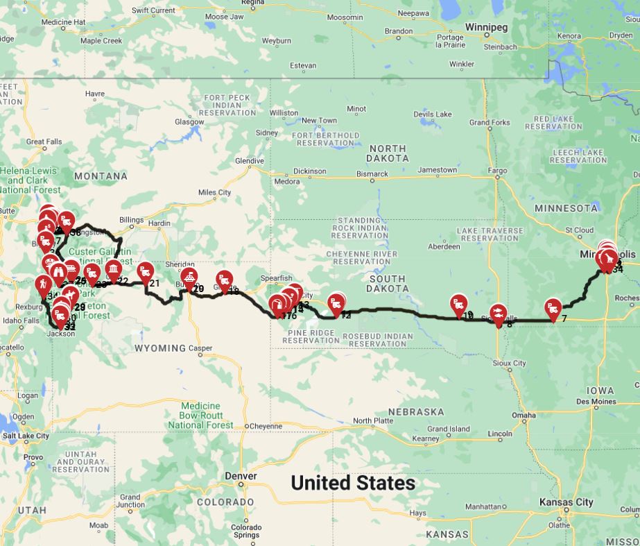 Map for Minneapolis to Bozeman